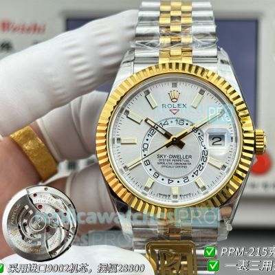 PPM Swiss Clone Gain Weight Rolex Sky-Dweller Two-Tone Gold Silver Dial 42mm Watch 